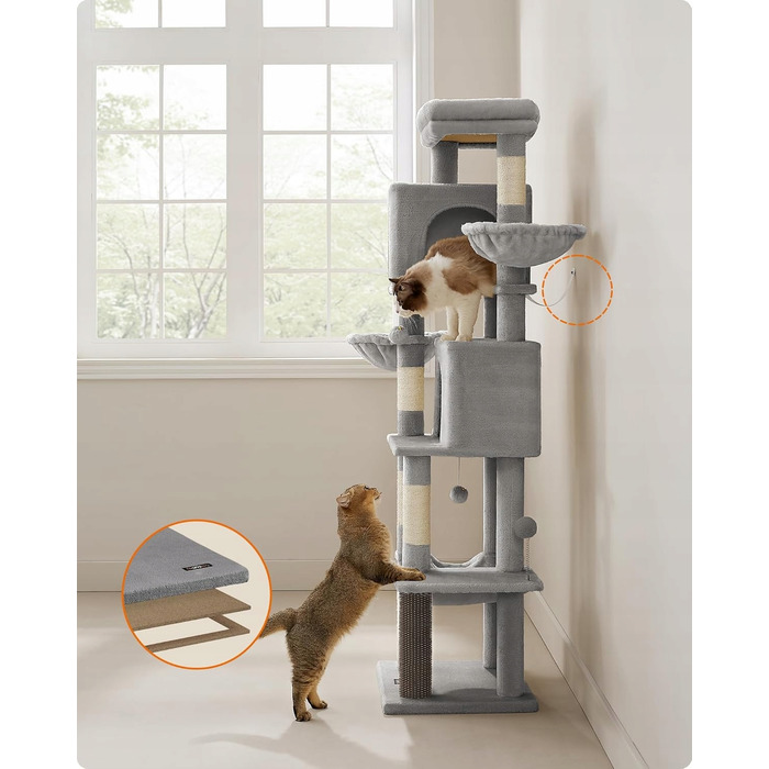 Високий когтеточка-комплекс Feandrea: ігровий центр з лежаком та стовпчиком для кігтів, 161 - 220 см