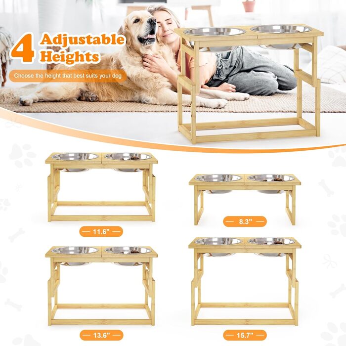 Підвищені годівниці для собак великих порід, бамбук, підставка з 2 великими мисками для води та корму, білий колір, об'єм 2.5л