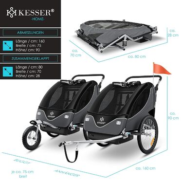 Дитячий велопричіп KESSER® 2в1 з поворотним механізмом 360° та амортизацією. Підходить для 1-2 дітей (до 40 кг). У комплекті прапор. Чорний / Антрацитовий