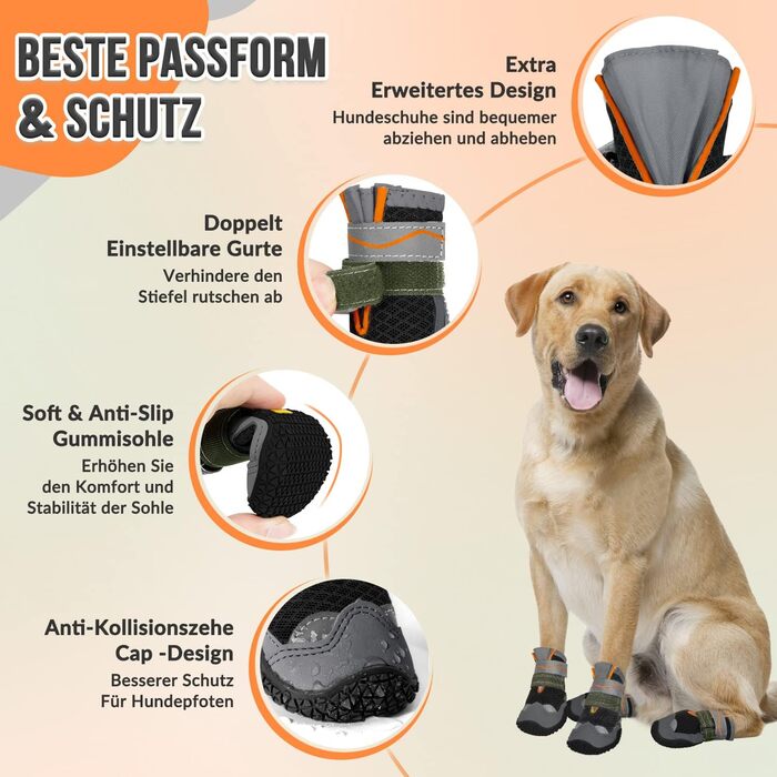 Взуття для собак SlowTon: 4 шт. захист лап, дихаючі, з антиковзкою підошвою, регульовані, світловідбиваючі, для малих, середніх та великих собак. Чорний (4 шт.) Розмір 7: ширина 7 см