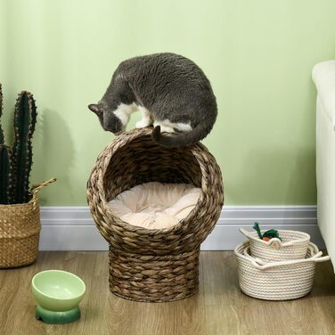 Лежак-будка для кота PawHut з ротангу з подушкою, темно-коричневий, 42x33x52 см