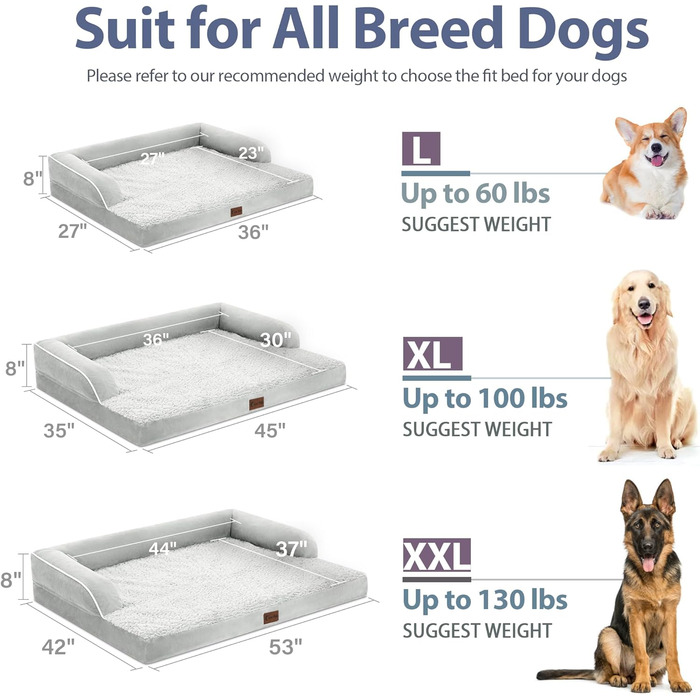 Ортопедичне ліжко для собак великих порід, XL, водовідштовхувальне, з ефектом пам'яті, зручна подушка для шиї, знімний, пральний чохол, неслизьке дно (сірий, білий)
