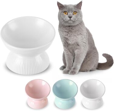 Підвищена годівниця для котів з кераміки - нахилена миска проти блювоти для котів - 280 мл, діаметр 15,5 см, біла