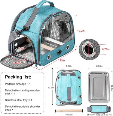Транспортна сумка для птахів Vogel з підставкою та металевим підносом, переноска для папуг, рюкзак для птахів з дерев'яною ручкою, переносна клітка для малих птахів, блакитна