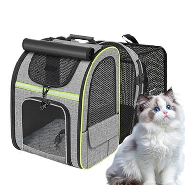 Рюкзак для котів та маленьких собак | Транспортна сумка для домашніх тварин, дихаюча, розкладна, для подорожей, прогулянок, сірого кольору з зеленими вставками