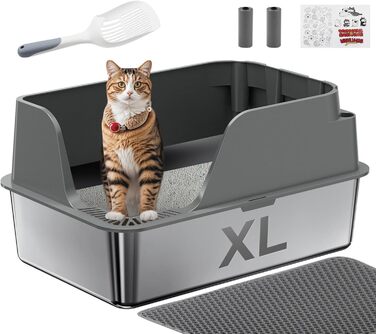 Великий лоток для котів з нержавіючої сталі XL Ellenpent, відкритий, з високим бортиком, антипротікання, без запаху, легке очищення, з совком, килимком, стікером і 2 пакетами для сміття, сірий
