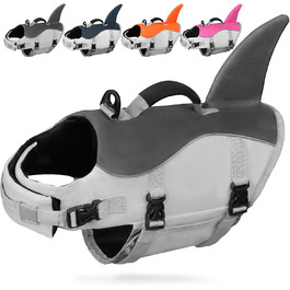 AMZNOVA Жилет для плавання собак 'Shark', з плавниками та хвостом акули, рятувальний жилет для собак, для катання на човні, допомога у плаванні, L, Сірий (66-81 см)