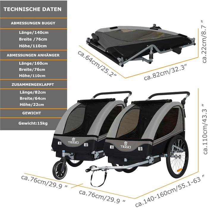 Дитячий причіп Tiggo S2 2-в-1 з підвіскою та поворотним з'єднанням 360° (Сірий)