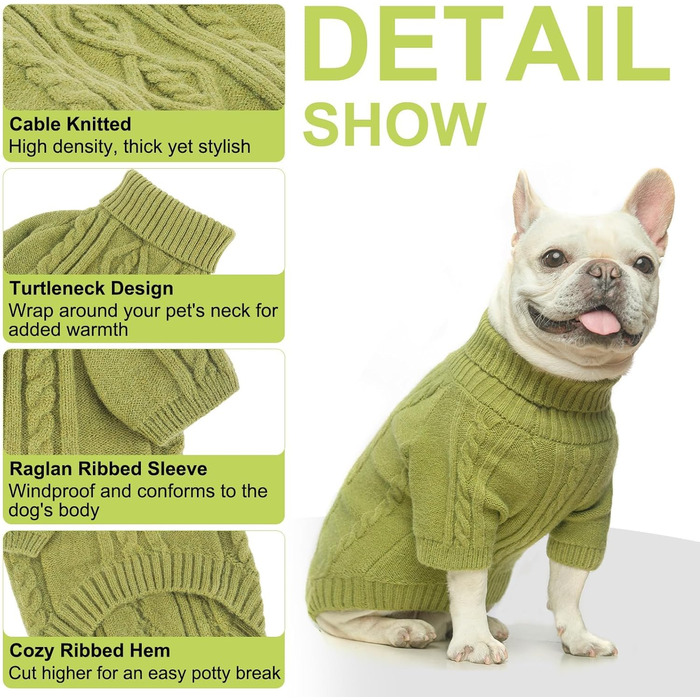 BEAUTYZOO Пуловер для собак - теплий в'язаний, з коміром-стійкою, для дрібних та середніх собак, цуценят, весни, осені, зими, зелений, S/M
