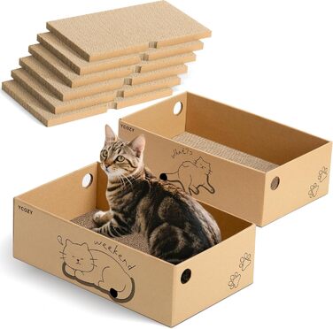 Ycozy Драбина-подряпування для котів з великою двосторонньою гофрокартонною поверхнею. Набір містить 2 коробки та 6 драбинок для котів. Міцні котячі меблі для заміни.