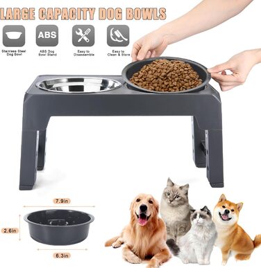 Підвищений годівниця для собак, регульована висота, підставка, 4 рівні, повільне годування, миска для собак з нержавіючої сталі для малих, середніх та великих собак (сіра)