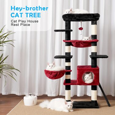 Котячий комплекс Hey-brother 150 см з великою лежанкою, підвісною гамаком і багаторівневим будинком, з чорного та червоного кольору, з сизалевими стовпами для точіння кігтів, для домашніх котів