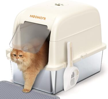 MeoWant котячий туалет із нержавіючої сталі з кришкою, 81 л, велика ємність, знімна тришарова закрита туалетна коробка для котів із високим бортиком, біла