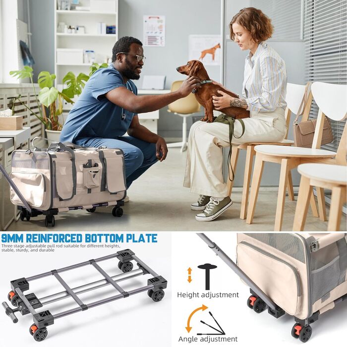 Переноска для котів велика, для 2 котів, складна, на колесах, знімні відділи, з іграшкою-пір'ям та ремінком, бежева