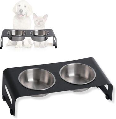 Підставка для корму PETLINUS для котів, піднята годівниця, ергономічна миска для котів, миска для котів з нержавіючої сталі та металу, годівниця для котів та маленьких собак (Чорний - Нахилена)