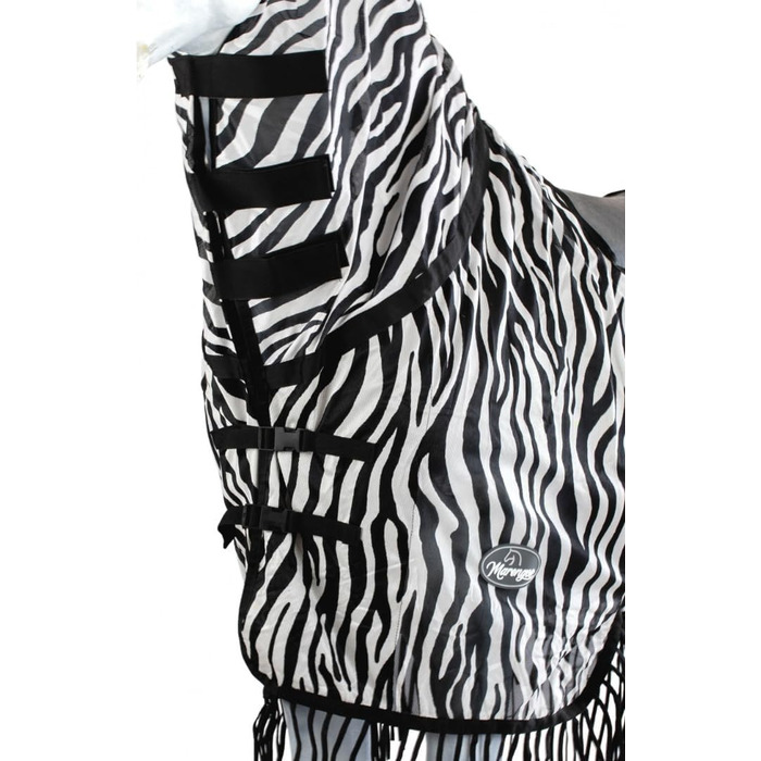 Деки для коней Marengos Zebra з бахромою, 155 см: захист від комах, з вирізом для сідла та начолею, чорно-білий колір, зовнішня деки для коней