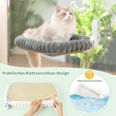 Лежанка для котів GUUSII HOE на вікно, складна, до 18 кг, з кріпленням на присосках, знімний чохол (білий, сірий)