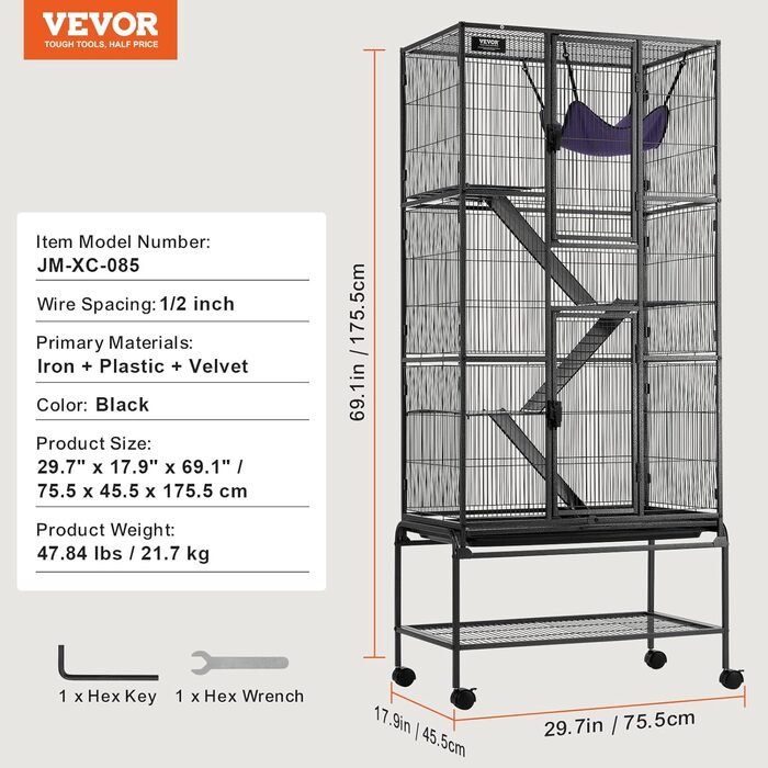 Клітка для гризунів VEVOR 755x455x1755 мм, 4-рівнева металева з драбинами і піддоном, для щурів, хом'яків, морських свинок, шиншил, білок, їжаків, кроликів, легка збірка