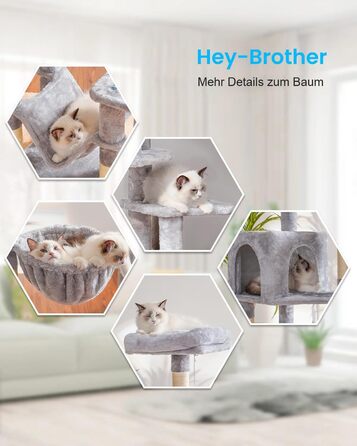 Котячий дряпак Hey-brother 154 см, стійкий, з сизалевим канатом, гамаками, кошиком, будиночком і платформою, світло-сірий