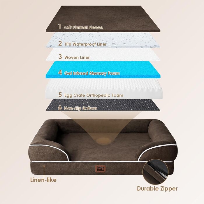 Ортопедичне ліжко для собак великих порід, 104x69 см, з піною з пам'яті, кошик для собак середніх порід, миється, водонепроникне, з неслизьким покриттям, диванчик для собак з високим бортиком, коричневий, розмір L 104 x 68.5 x 17 см