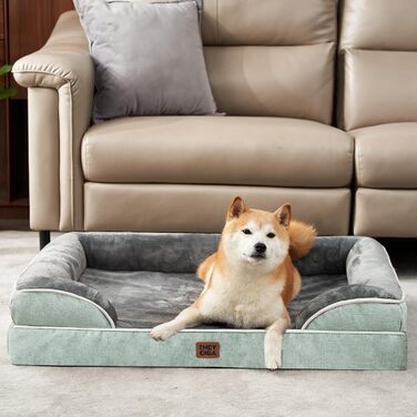 Ортопедичне ліжко для собак EHEYCIGA, великі породи, 112x81 см, кошик для собак з Memory Foam, XL, водовідштовхувальне, неслизьке, з високим бортиком, сіро-зелене