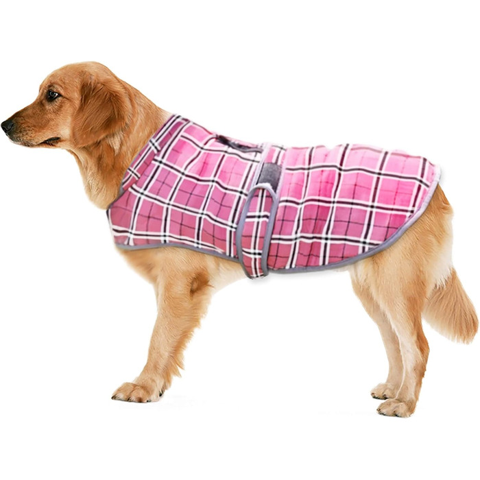 Зимовий теплий жилет для собак Eastlion в клітинку. Одяг для собак маленьких, середніх та великих порід. Жилет з отвором для повідка (S, Рожевий)