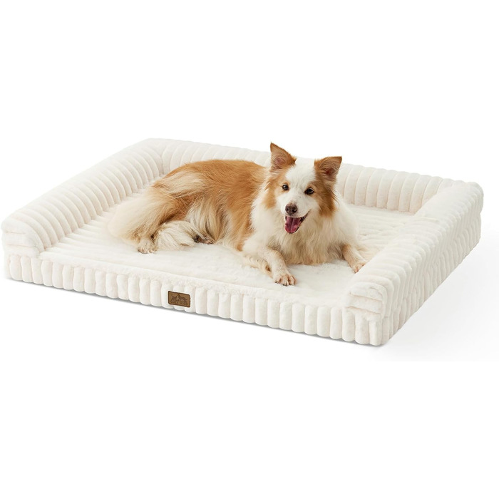 Ортопедичне ліжко для собак з штучного хутра, зручне диван для середніх собак, ковдраний дизайн, знімний та пральний, захищене від кусання, водовідштовхувальне та неслизьке, кремовий, 110x80x17 см