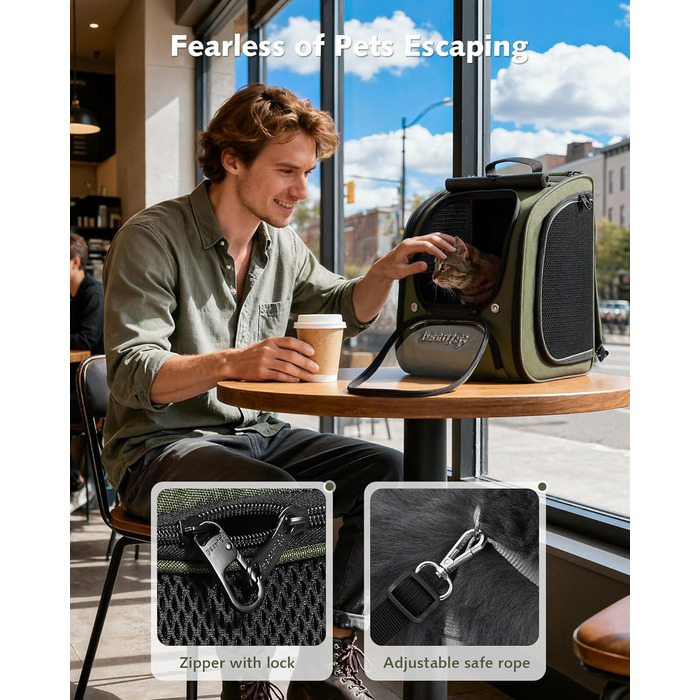 Пек'ют Рюкзак для кота Bubble з сітчастим вікном, переноска для тварин, розширювана, темно-зелений (L 32 x B 26 x H 42 см)