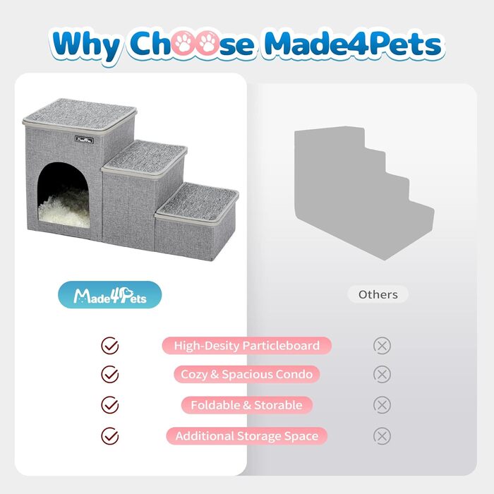 Сходи для собак Made4Pets 3 ступені, складані, для ліжка та дивана, для маленьких собак і котів, з функцією зберігання, домашні аксесуари