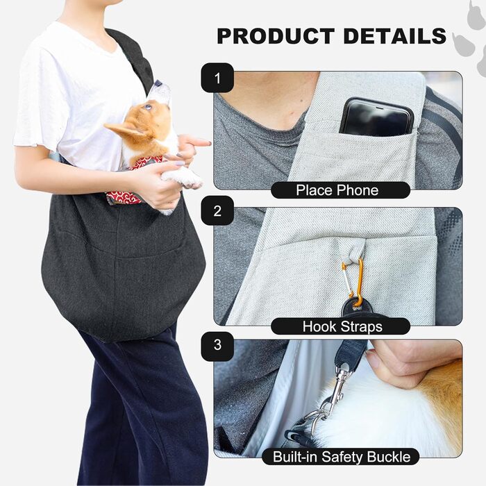 PETCUTE Сумка-переноска для собак до 6 кг, сіра, з кишенею та ременем безпеки