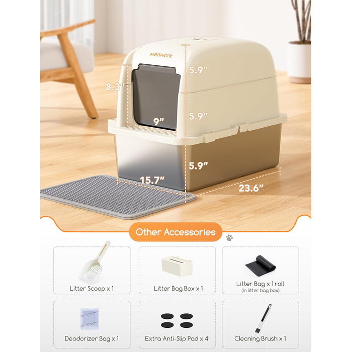 MeoWant туалет для котів з нержавіючої сталі, 152,4 см, великий, відкритий/напіввідкритий, закритий 3-в-1, для великих котів, з контролем запаху, високі борти, білий