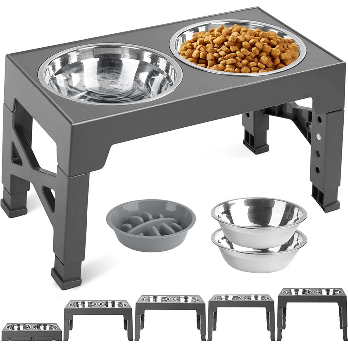 Підвищена годівниця для собак FOSTBEEN з 2 мисками з нержавіючої сталі та повільною годівницею, регульована по висоті