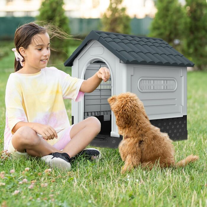 Будка для собак Aufun, пластикова, сіра, 65x56.5x67 см, M, для вулиці та дому, водонепроникна, ізольована