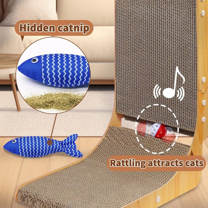 Котяча дряпка L-подібної форми, 68 см, з дзвіночком, рибкою та мишкою, з якісного картону, для стін, задовольняє природну потребу в дряпанні, XXL