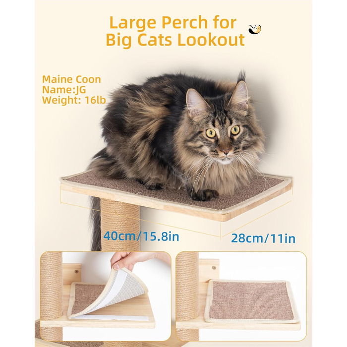 Багатоярусна кігтеточка-стінка для котів з 5 сходами, 5-ярусні полиці для відпочинку та ігри, з міцними кігтеточковими стовпчиками, з антиковзними килимками, для великих котів