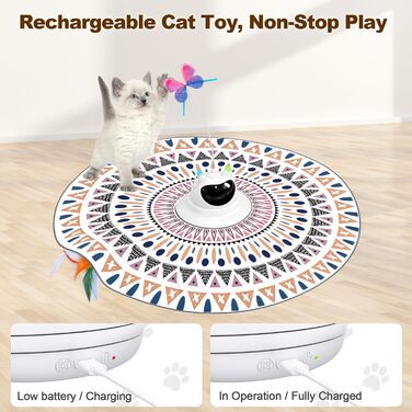 Інтерактивна іграшка для котів Spessn 2-в-1: електрична з пір'ям, інтелектуальна, 3 режими, USB-зарядка (білий котячий візерунок)