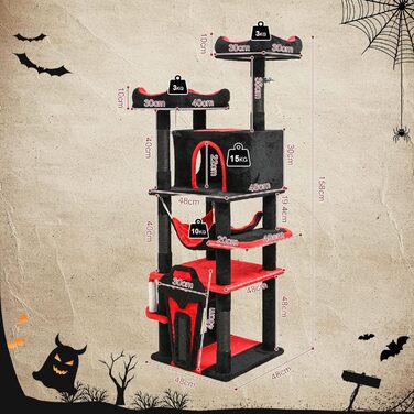 Драматичний котячий комплекс BYBYME в готичному стилі для Хелловін, 158 см, стабільний набір меблів для котів з ліжком, будиночком, гамаком, стовпчиками з сизалю, багатофункціональна котяча ігрова вежа (Чорний/Червоний)