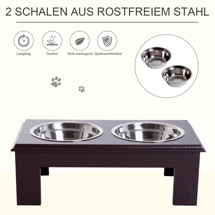 PawHut Dog Bowl Набір з 2 мисок для їжі з нержавіючої сталі, піднята миска для кішки, МДФ, проста в обслуговуванні, кава, 44x24x15см| Аосом