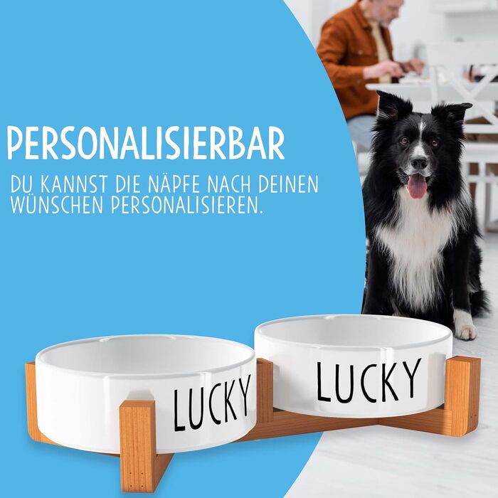 Персоналізована годівниця для собак OWLBOOK з іменем - подвійний набір з кераміки та бамбуку, 300 мл