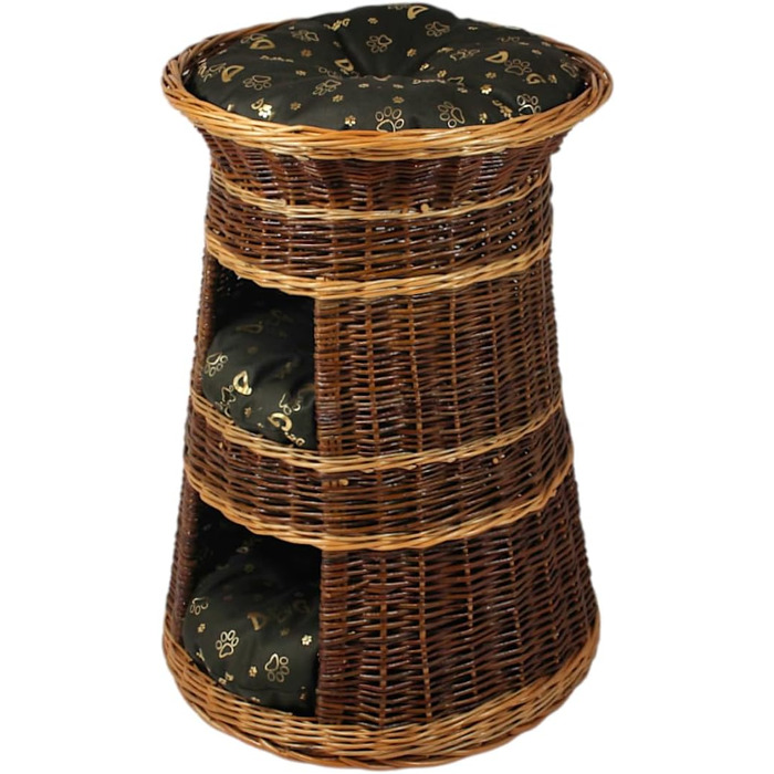 Корзина для котів для сну – котяча хатинка для дому – розмір 43 x 49 x 70 см, кругла – котяча хатинка з лози, трирівневе ліжко для собак або котів з пральним подушками в бежевому кольорі – лакована корзина (подушка темно-коричнева)