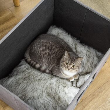 Котяча хатинка-лежак PawHut 2-в-1 з подушкою, дерев'яні ніжки, м'який плед, пуф, знімний чохол, сірий, 60x45x44,5 см