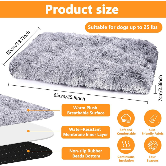 Крісло-ліжко для собак середніх порід з антиковзним дном, миється, довгий плюш, 65x50x7 см, колір - градієнт сірого
