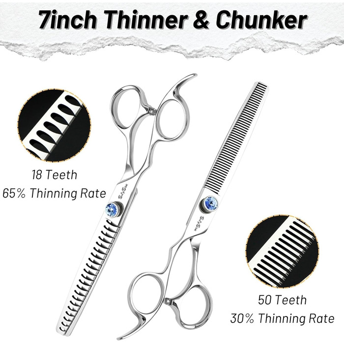 Професійна шерсть для собак 7 дюймів, японська сталь VG10, 50 зубців, безпечна, безшумна, тупа насадка, 30% розрідження, для собак та котів