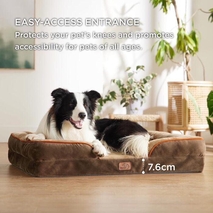 Ортопедичне ліжко для собак BEDSURE - 97x71 см. Зручне ліжко-софа для великих собак з ефектом пам'яті, коричневе, миється, антиковзаюче