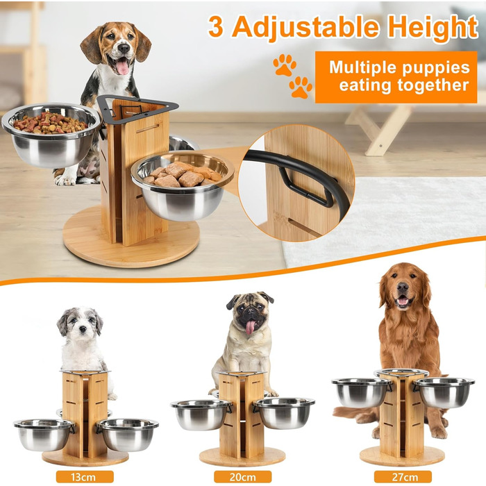 Підвищений годівниця для великих собак, регульована висота, 3 миски з нержавіючої сталі 1400 мл, годівниця-станція на 3 сторони, підставка для собак з дерева та срібла