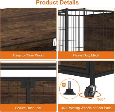 Клітка для собак великих порід VyGrow з дерева, з подвійними дверцятами, столик-підставка, поворотні колеса, 99,9 x 71,1 x 80,1 см