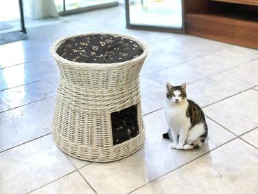 Кігтеточка-лежанка для котів: двоярусна хатинка з ротанга, 50 см, з подушкою (темно-коричнева)