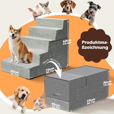Сходинки для собак Eukue: 5 сходинок, складані, для маленьких та великих собак, з антиковзким покриттям, для доступу до ліжка/дивану, сірого кольору