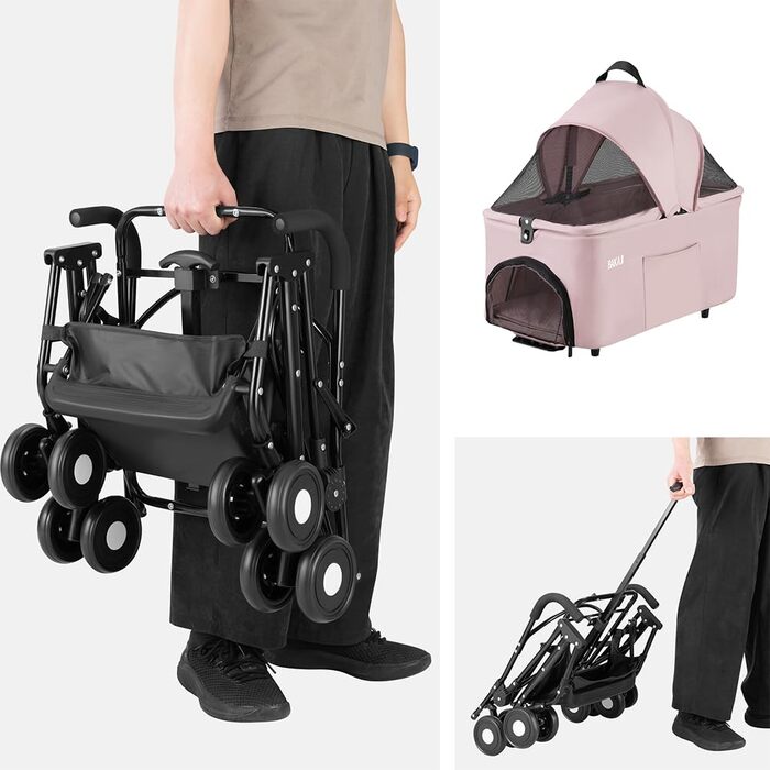 Дитяча та переносна візок для тварин BAKAJI 2 в 1, 40 кг, знімний кошик для перенесення та зберігання (Рожевий)