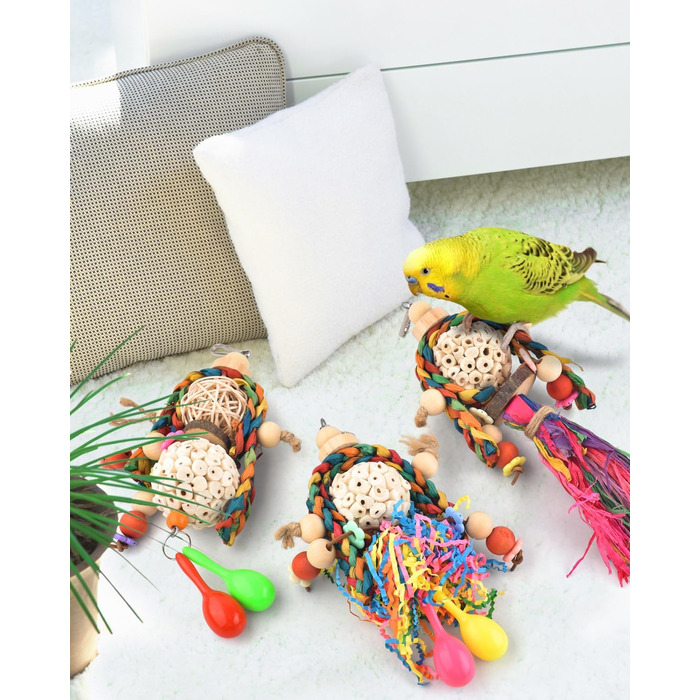 Іграшка для папуг Bissap Conure, 3 шт., підвісна іграшка для папуг, соляні кульки з піщаним молотком для маленьких папуг, хвилястих папужок, корел, амадин, для розвитку та пошуку корму